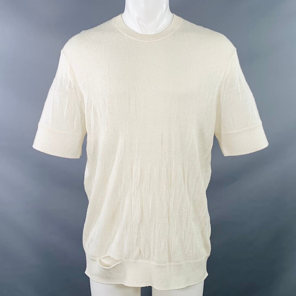 HELMUT LANG S Cream Ivory Knit Merino Wool Blend Crushed Short Sleeve T-shirt